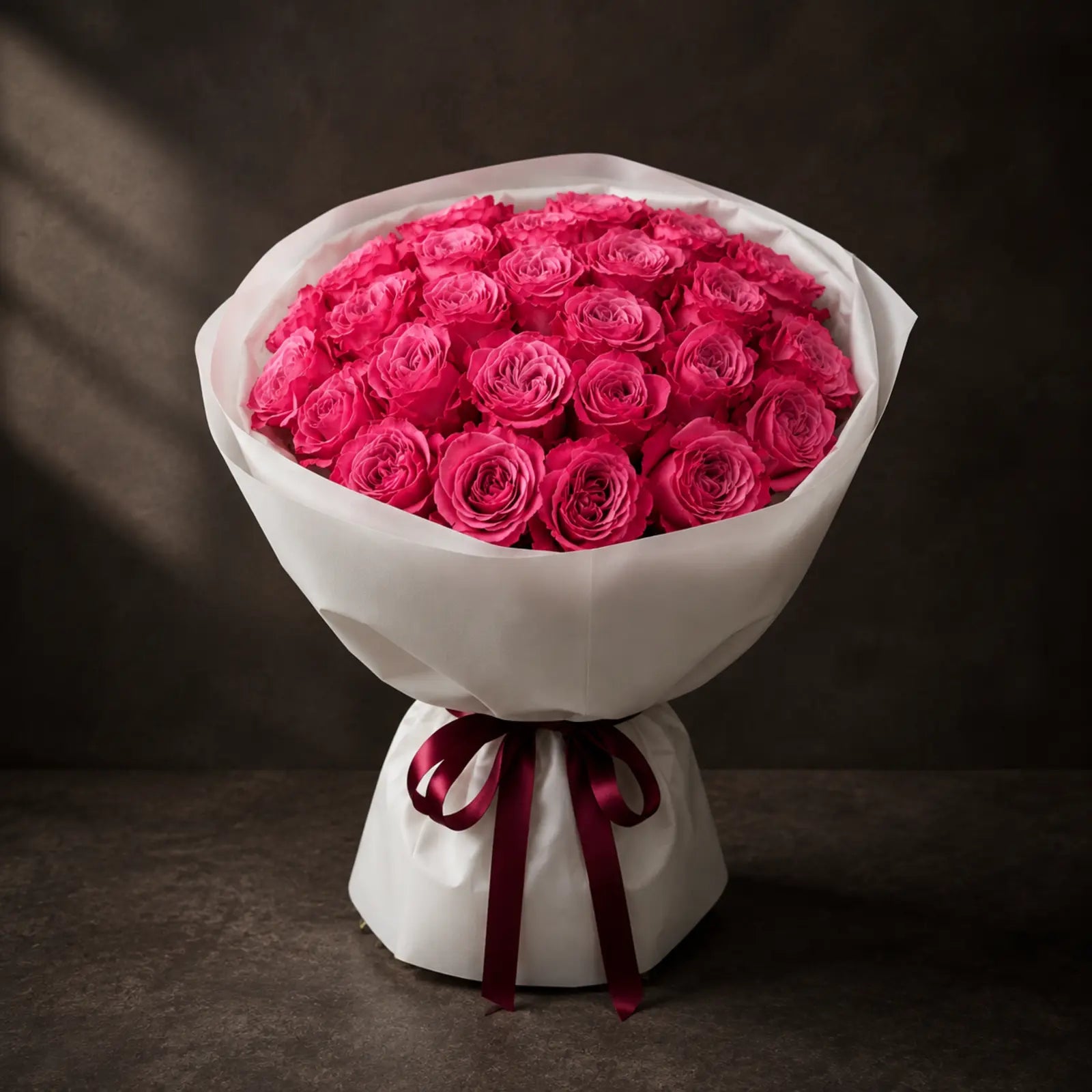 Rose Velvet – fyldig buket af pink roser i Florén indpakning