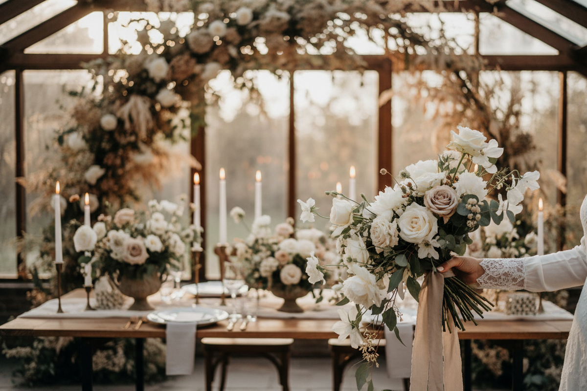 Bryllupsinspiration med buket og blomsterdekorationer fra Florén Studio