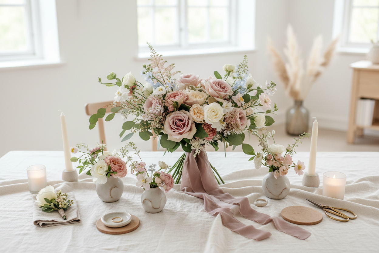 Bryllupspakke med buket og blomsterdetaljer fra Florén Studio