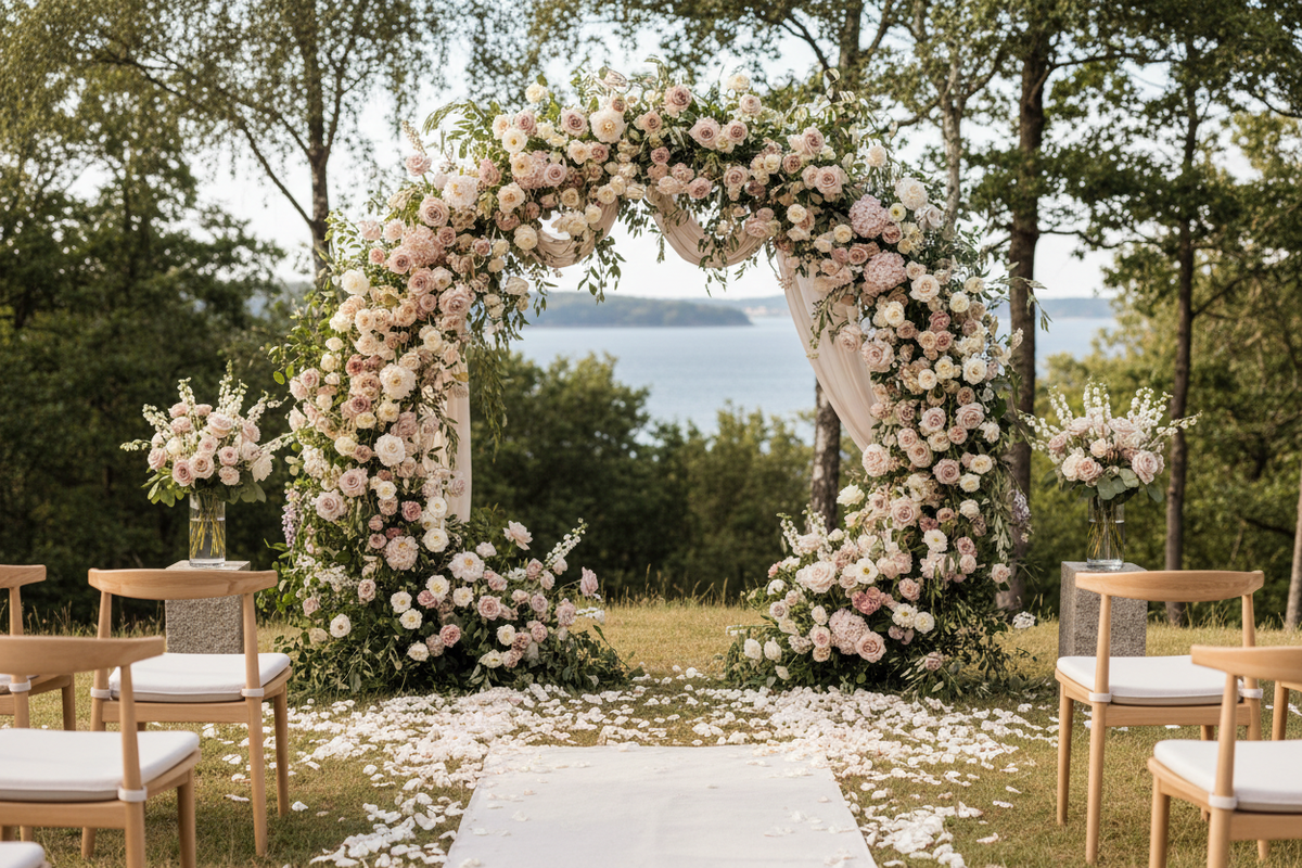 Blomsterbue og ceremonistyling til bryllup fra Florén Studio