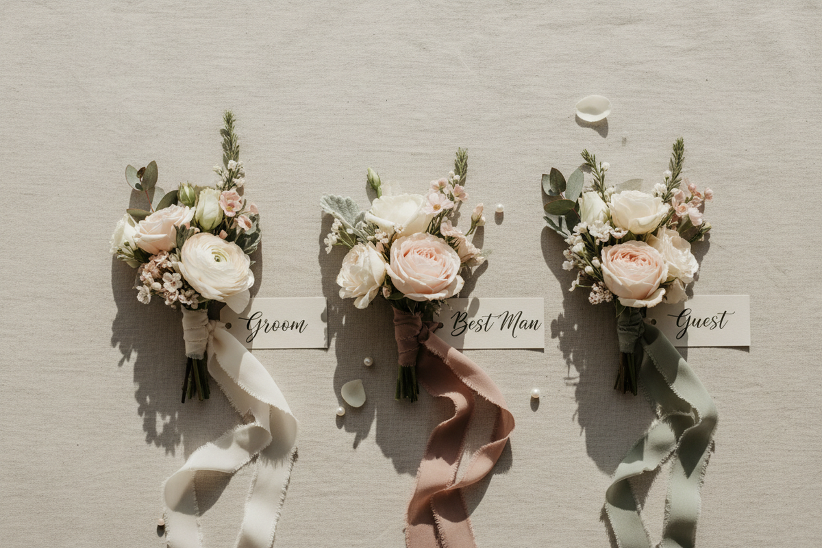 Håndlavede knaphulsblomster til bryllup fra Florén Studio