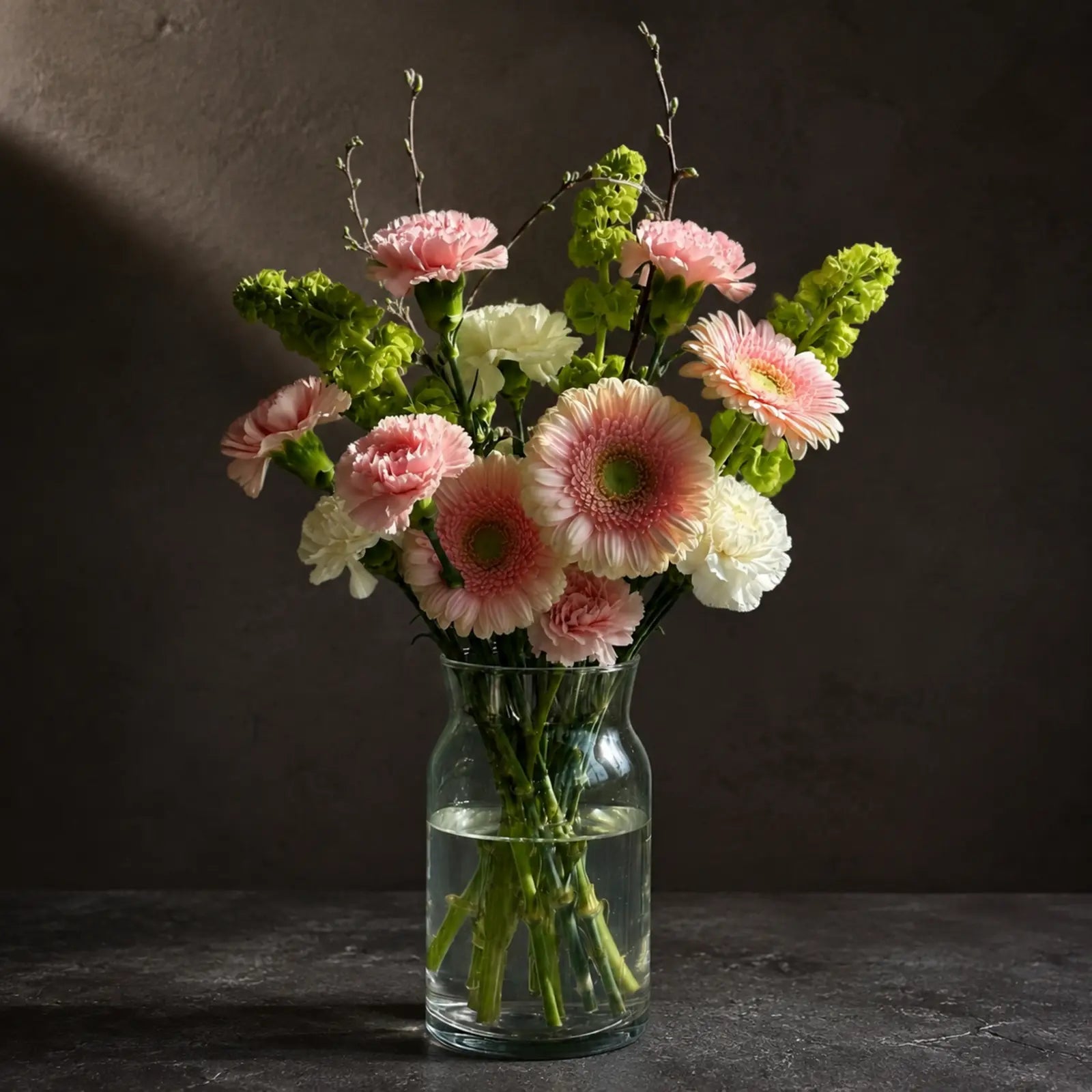 Blush Meadow – let blomsterarrangement med rosa gerbera og grønne detaljer