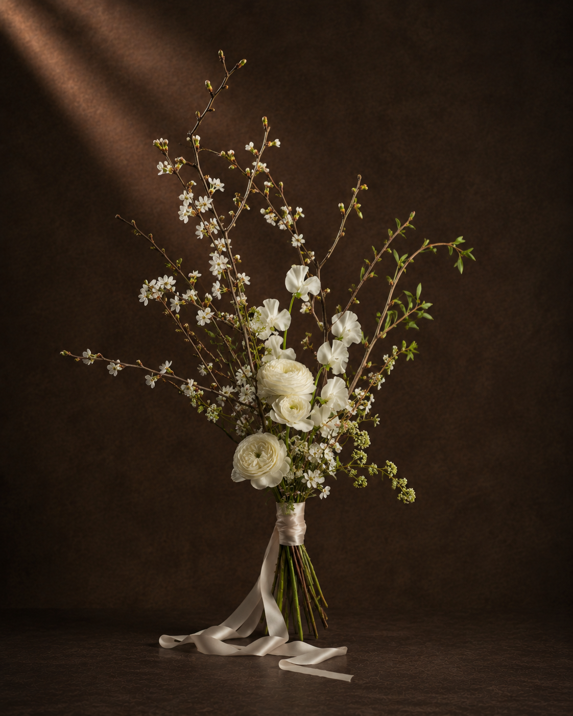 Kirsebærgren – minimalistisk brudebuket med grene og få hvide blomster
